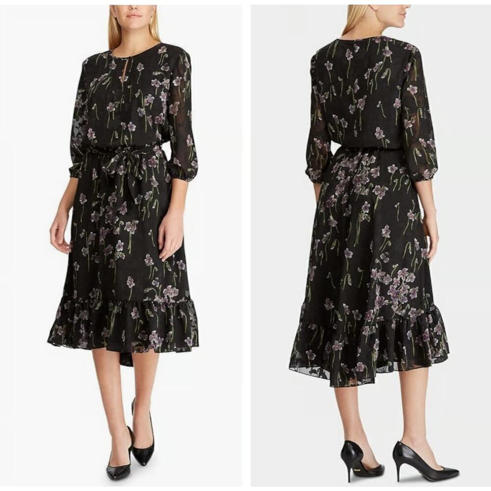 Ralph Lauren Black Floral Midi Dress Embroided Sz 4 Ruffle Romantic Whimsigoth